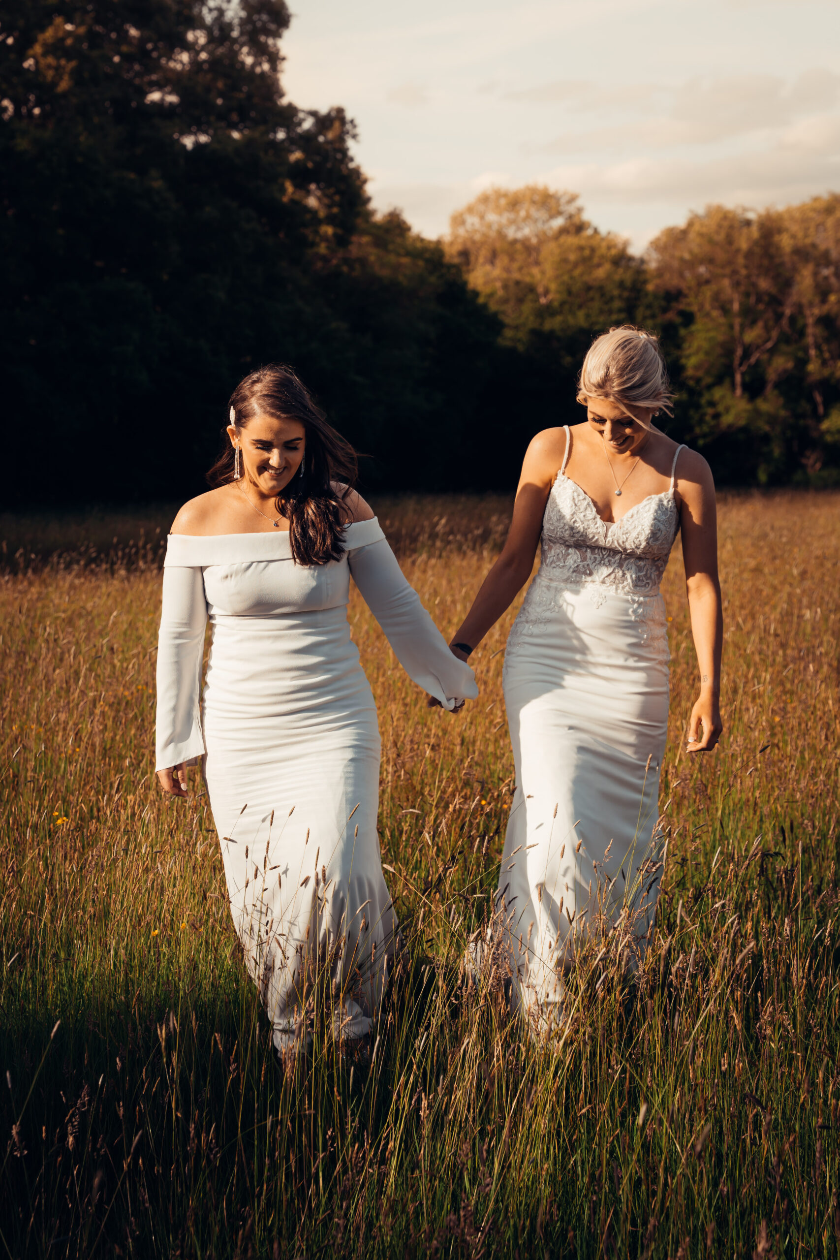 Two brides walking hand in hand through a golden field, a joyful same sex wedding celebration
