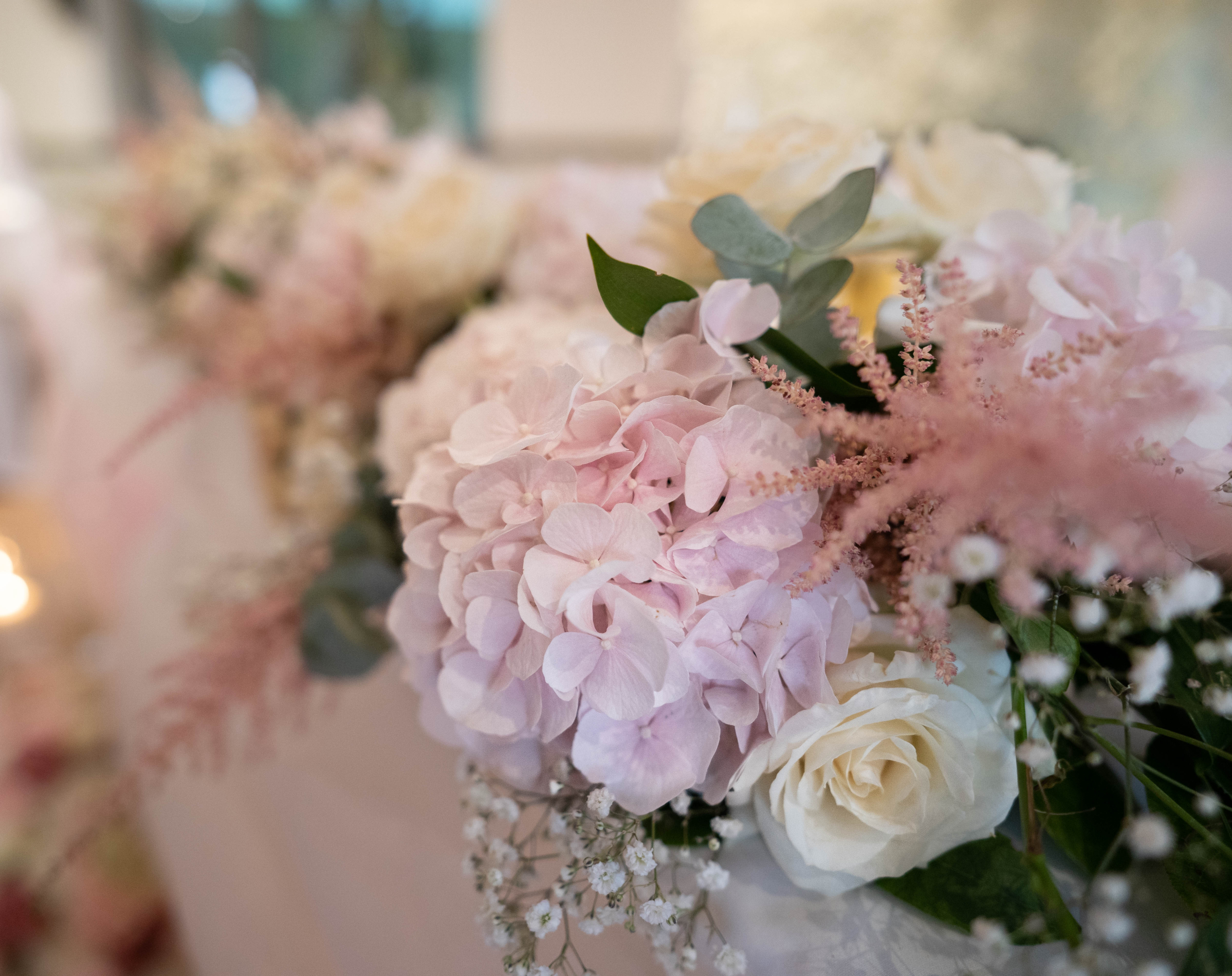 A pink hydrangea and rose bouquet at a New Forest wedding