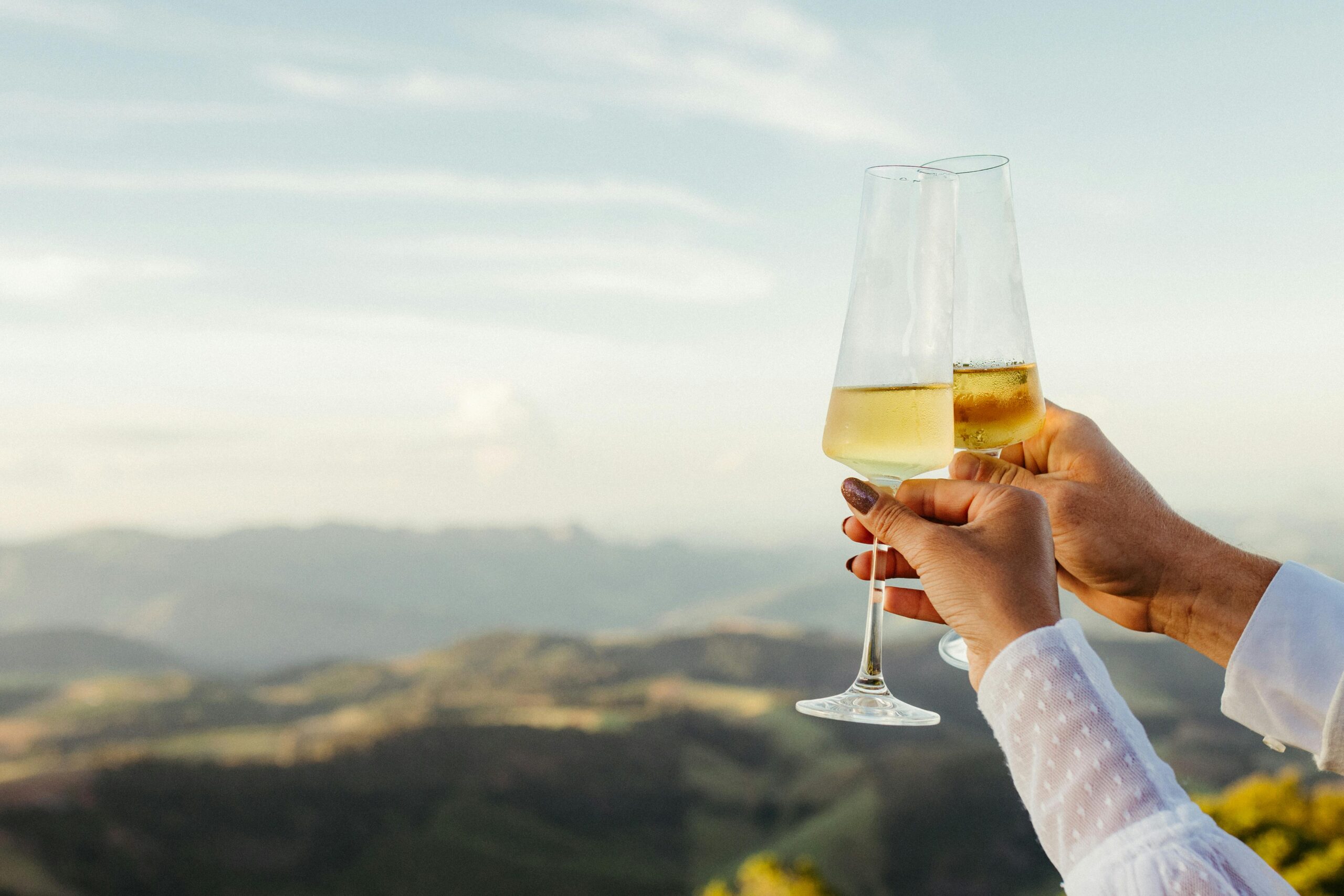 Two champagne glasses raised against a hilltop view, a happy moment during the wedding speech order